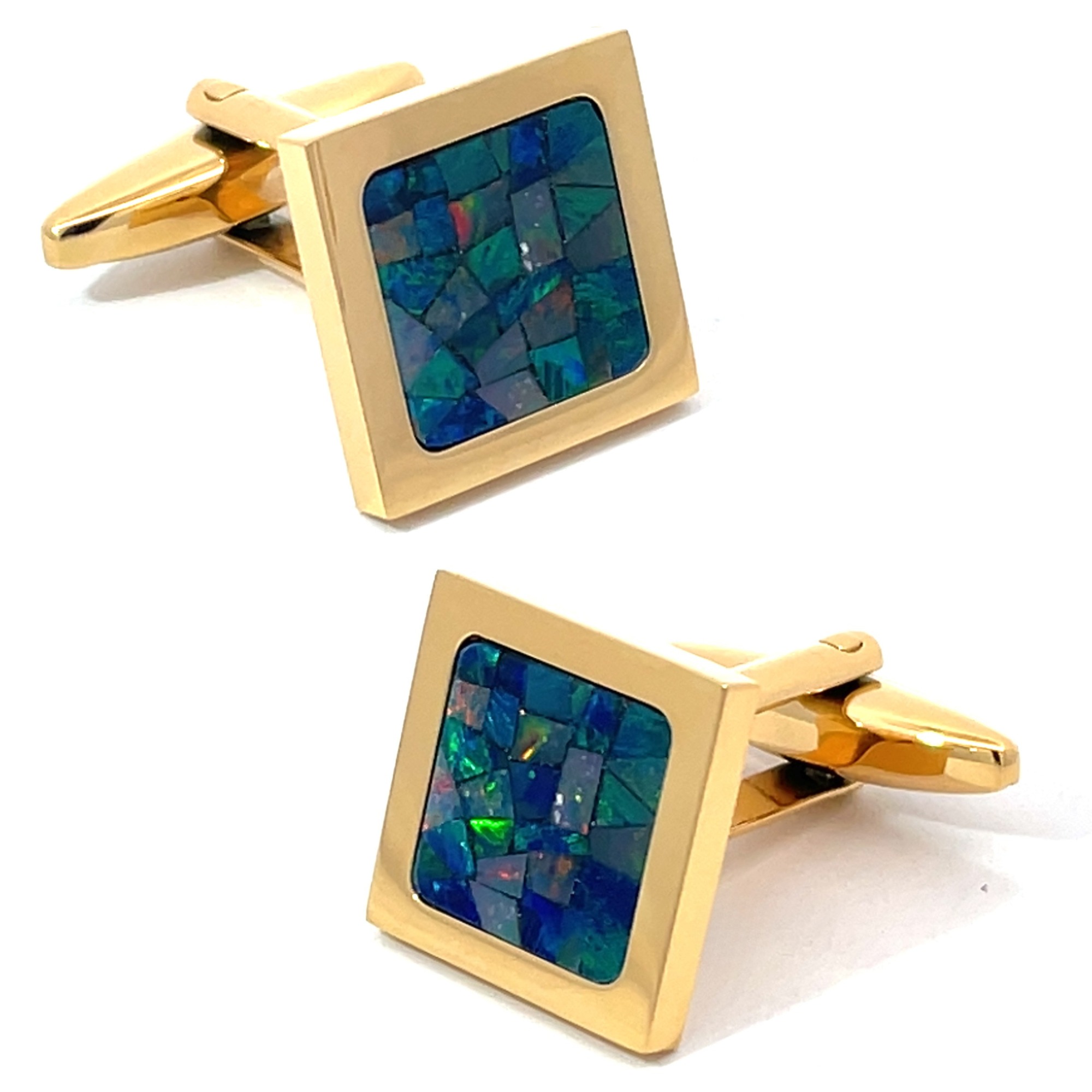 Australian Square Opal Cufflinks (Green Shiny Yellow Gold)