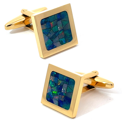 Australian Square Opal Cufflinks (Green Shiny Yellow Gold)