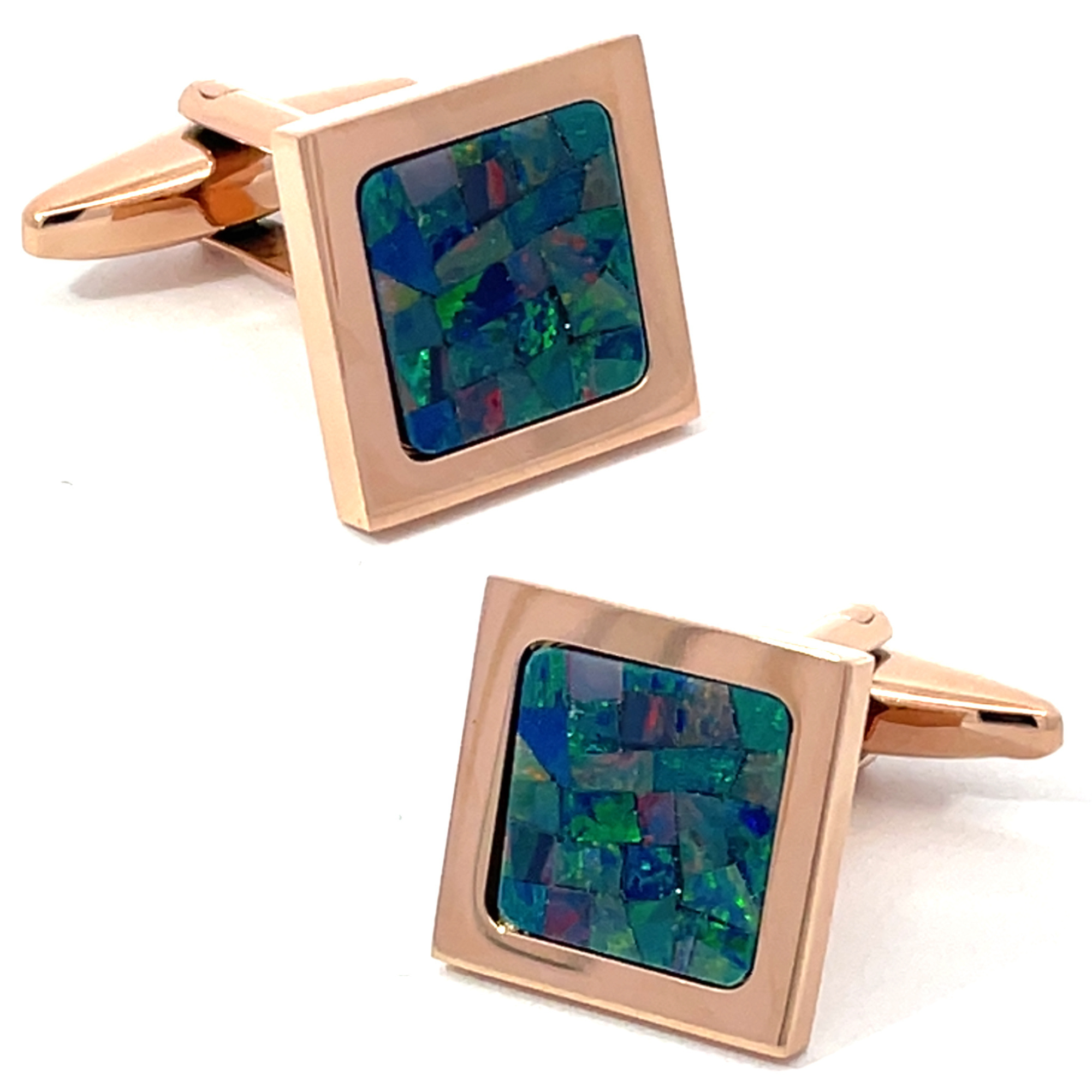 Australian Square Opal Cufflinks  (Green Shiny Rose Gold)