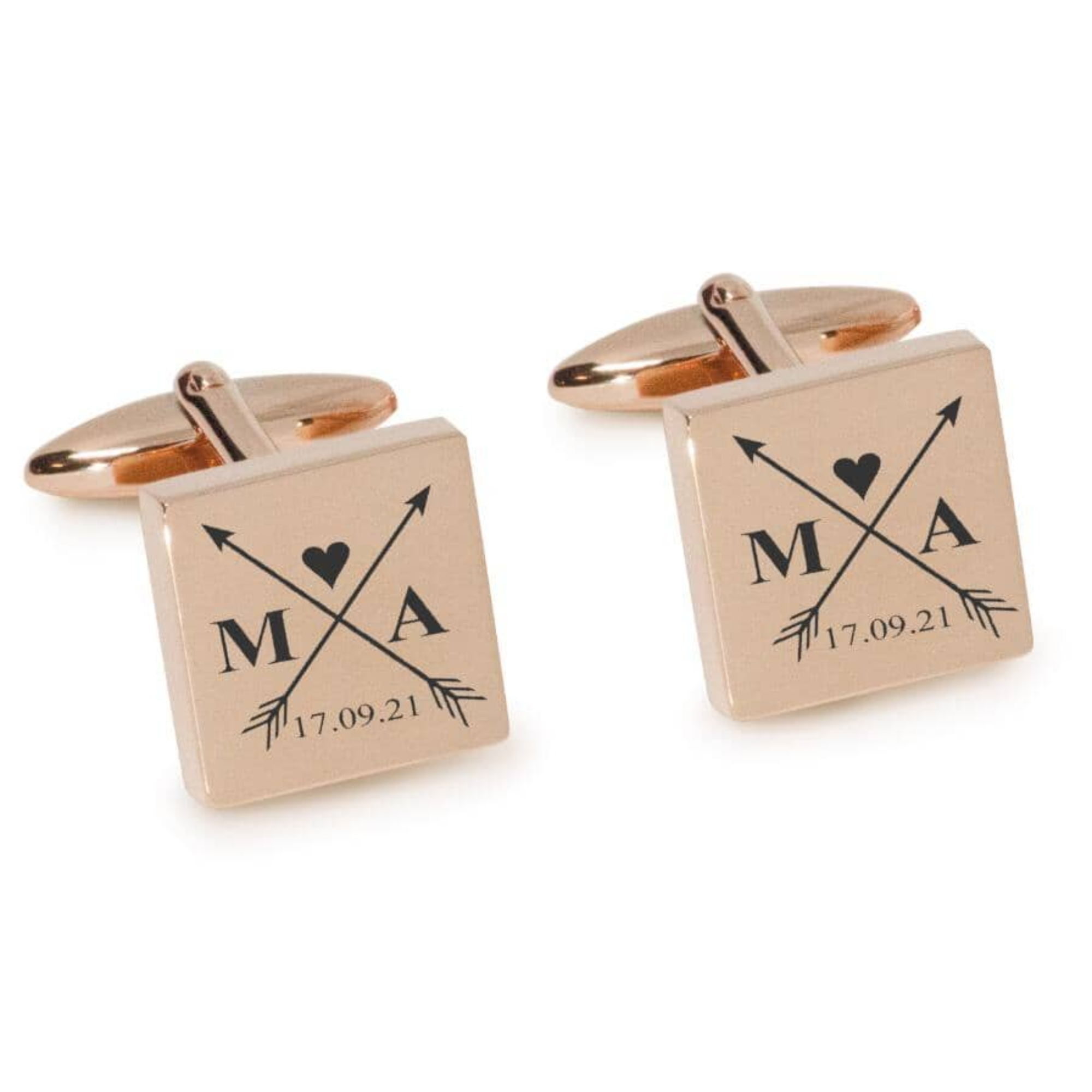 Crossed Arrows with Loveheart, Initials and Date Engraved Cufflinks in Rose Gold