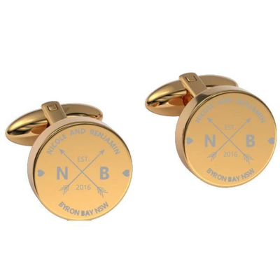 Couple Names Initials and Address Engraved Cufflinks in Gold