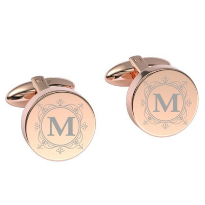 Decorated Round Initials Engraved Cufflinks in Rose Gold