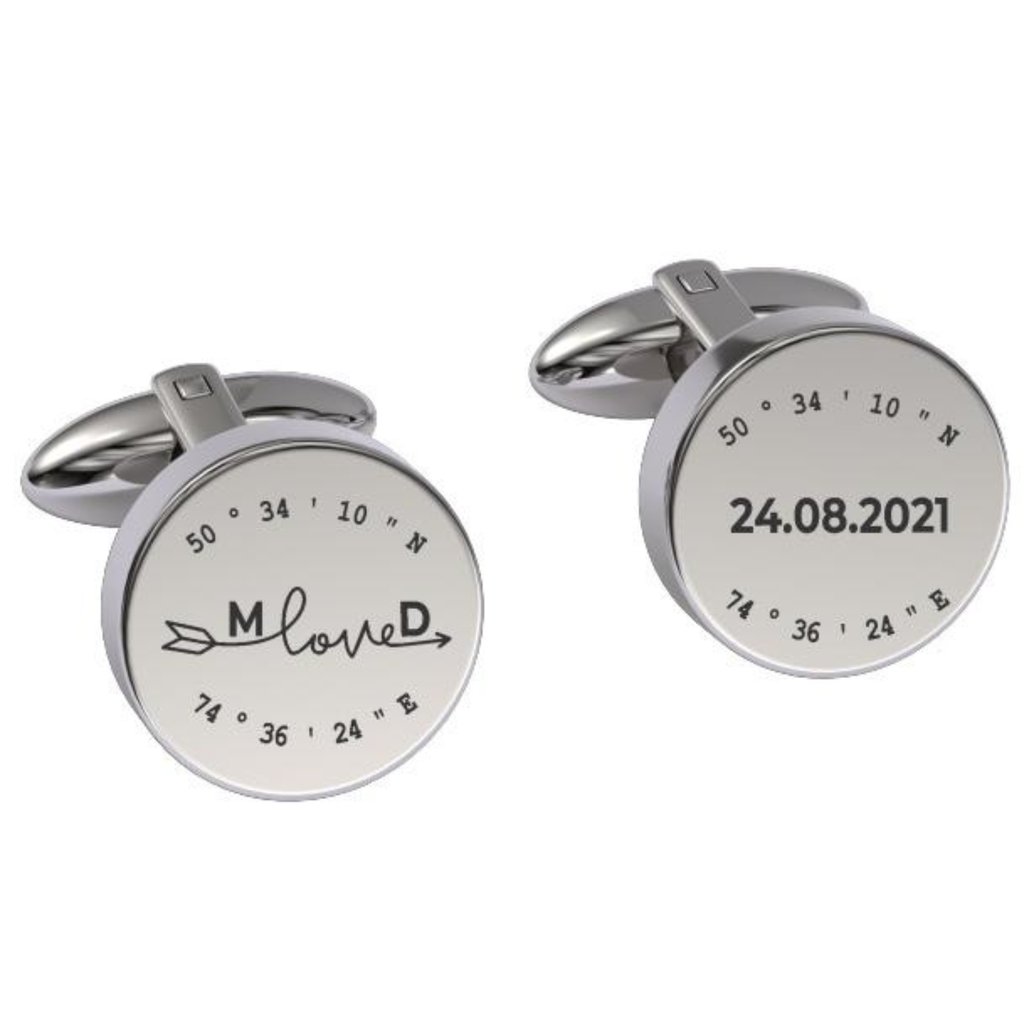 Latitude-Longitude Initials & Date Round Engraved Cufflinks in Silver