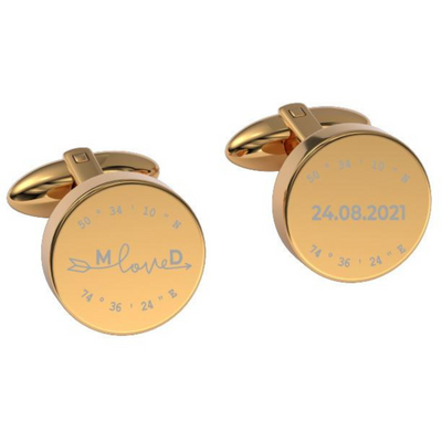 Latitude-Longitude Initials & Date Round Engraved Cufflinks in Gold