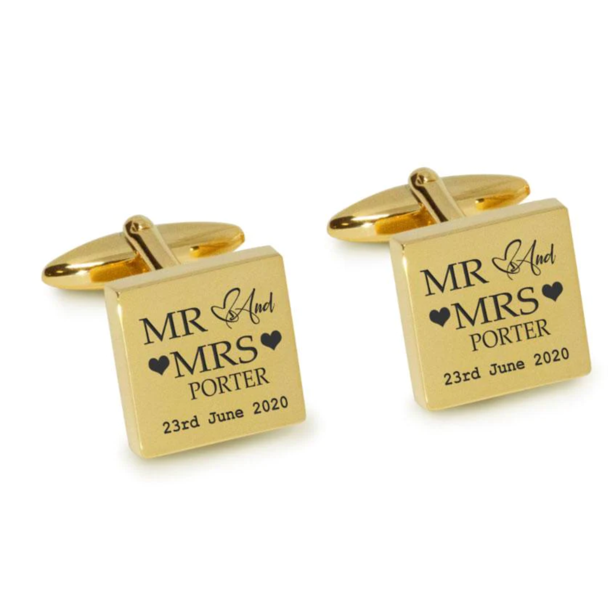 Mr Mrs Last Name Love Heart with Date Engraved Wedding Cufflinks in Gold