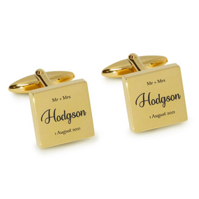 Mr Mrs Last Name with Date Engraved Wedding Cufflinks in Gold
