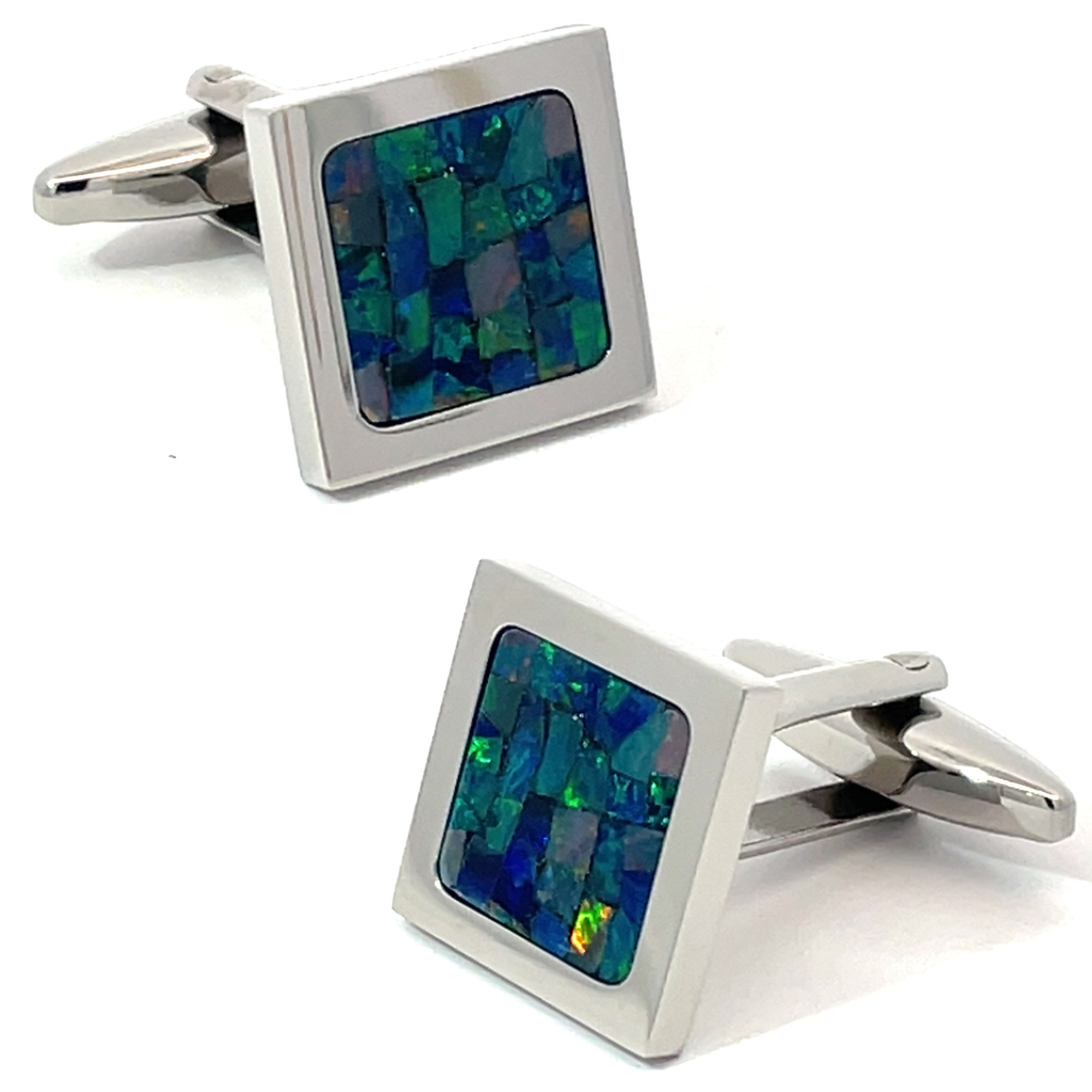 Australian Square Opal Cufflinks (Green Shiny Silver)
