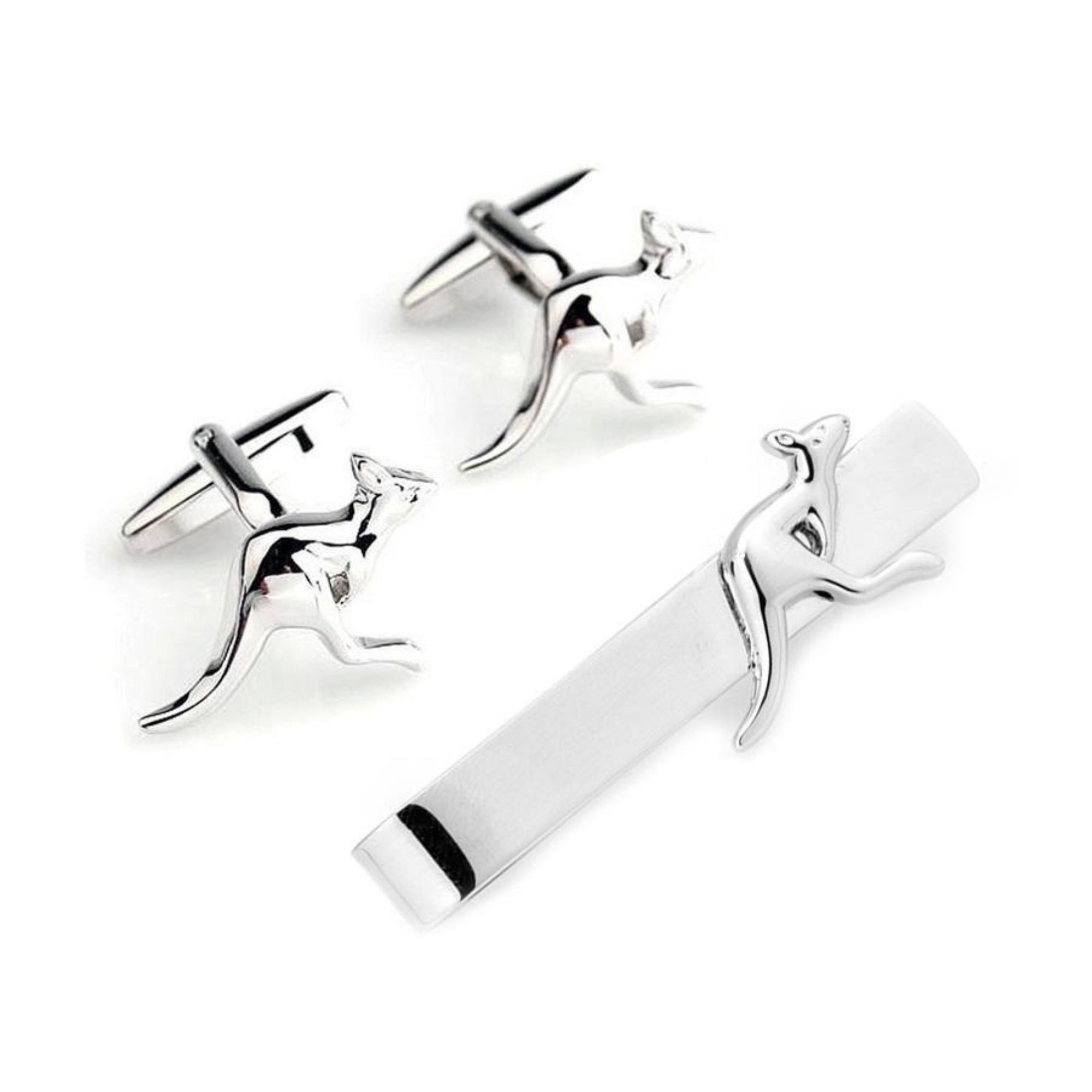 Kangaroo Silver Cufflinks & Tie Bar Set
