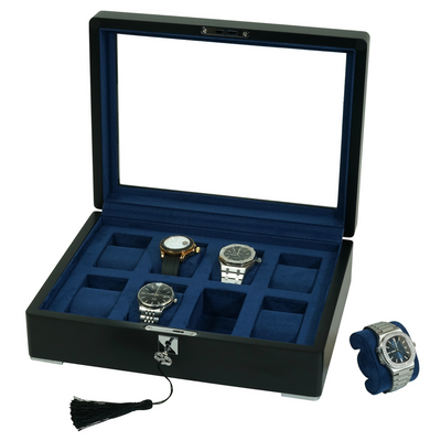 8 Slot Black Wooden Watch Box with Blue Interior