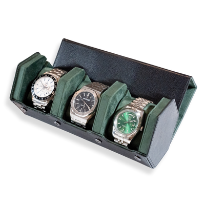 Hex Leather Watch Roll 3 Slots in Black/Green