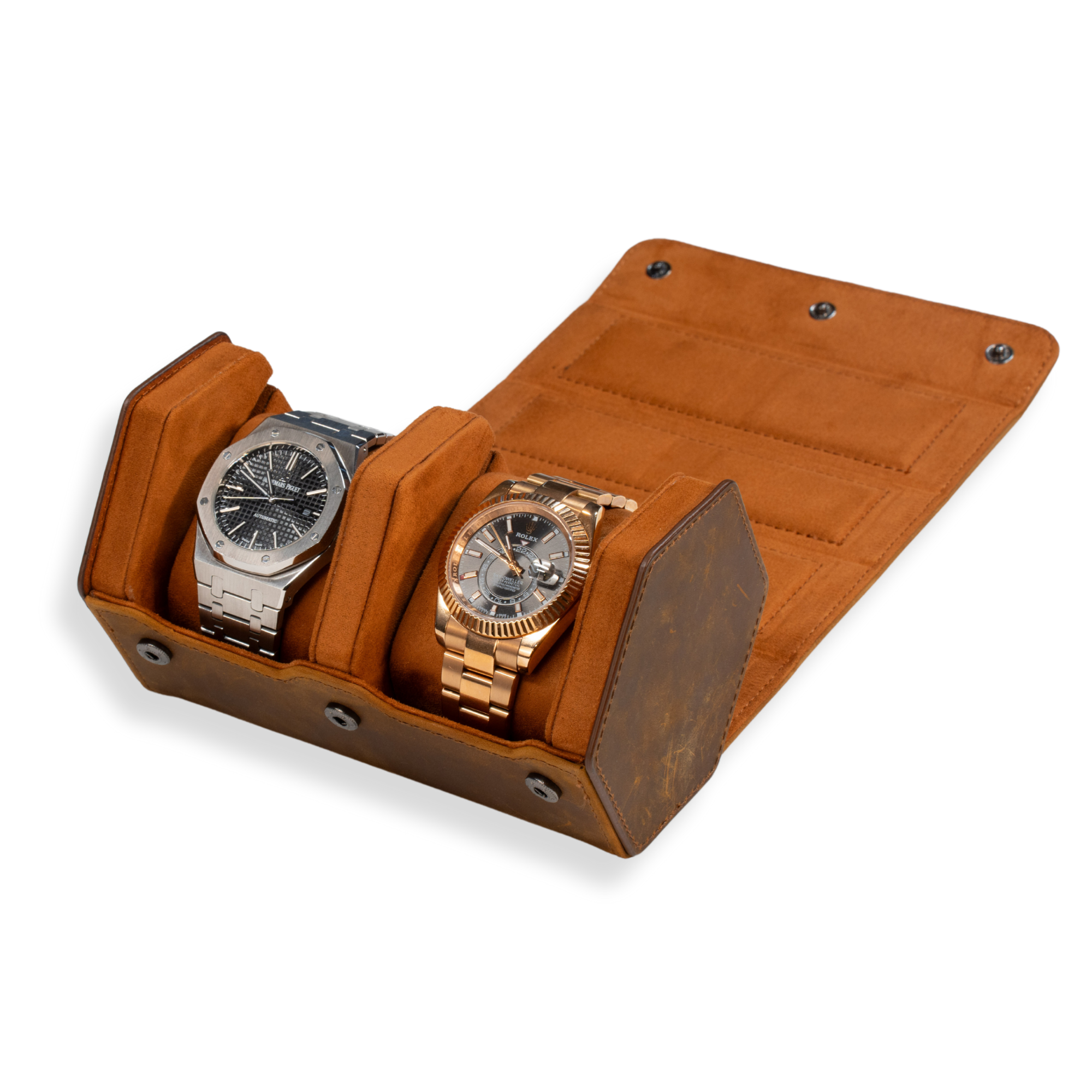 Hex Leather Watch Roll 2 Slots in Saddle Leather/Brown