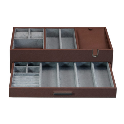 Leather Valet Tray with Drawer in Brown