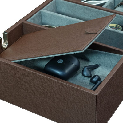 Leather Valet Tray with Drawer in Brown