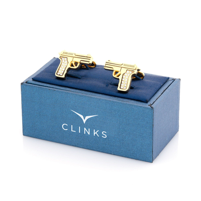 Gold Crystal 9mm Hand Gun Cufflinks