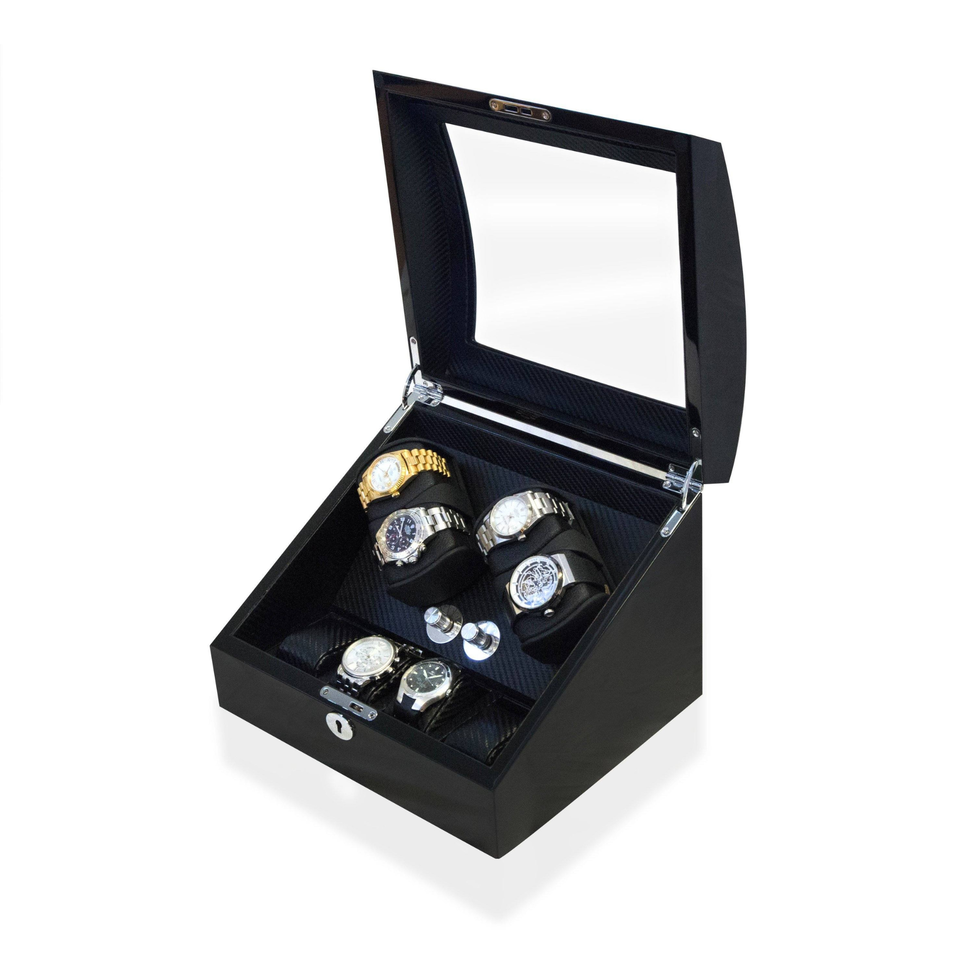 Avoca Watch Winder Box 4 + 4 Watches in Black - Carbon Fibre Interior