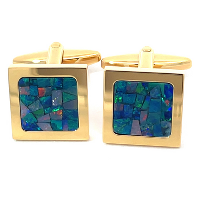 Australian Square Opal Cufflinks (Green Shiny Yellow Gold)
