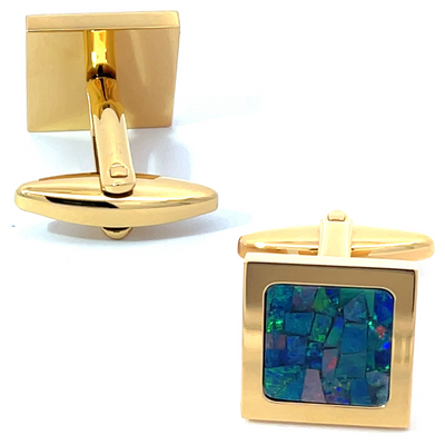 Australian Square Opal Cufflinks (Green Shiny Yellow Gold)