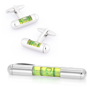 Green Spirit Level Cufflinks & Tie Bar Set