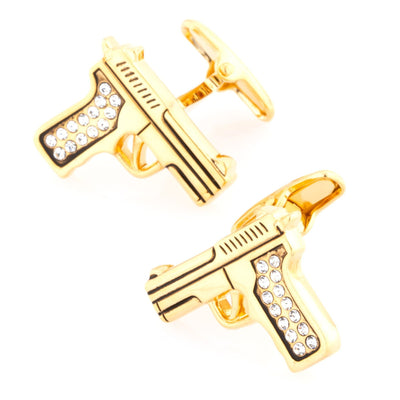 Gold Crystal 9mm Hand Gun Cufflinks