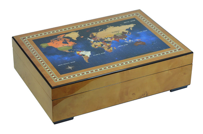 World Map Burl Wooden Watch Box for 6 Watches + Jewellery