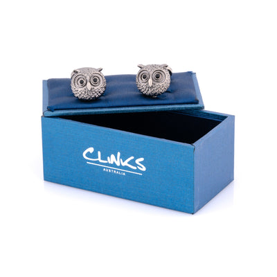 Silver Textured Owl Head Cufflinks with Black Crystal Eyes