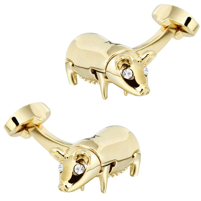 Gold Cute Pig Boar with Crystal Eyes Cufflinks