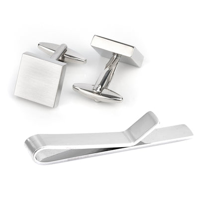 Brushed Silver Cufflinks & Tie Bar Set