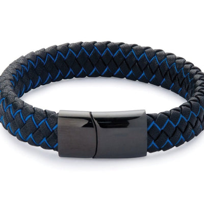 Black Leather and Blue Wire Bracelet -Black Clasp