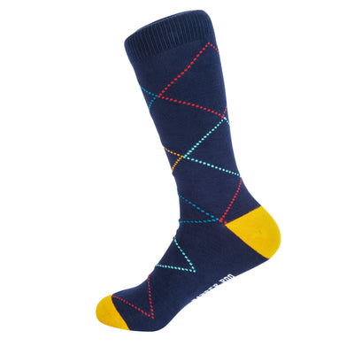 Colourful Crisscross Diamond Bamboo Socks by Dapper Roo, Crisscross Diamond Bamboo Socks, Dapper Roo, Socks, Navy Blue, Yellow, Multi., Bamboo, Elastane, Nylon, Elastic, SK2043, Men's Socks, Socks for Men, Clinks.com