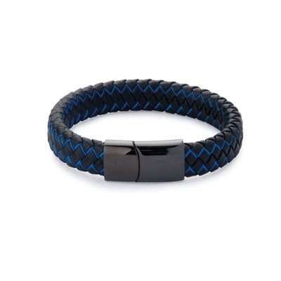 Black Leather and Blue Wire Bracelet -Black Clasp