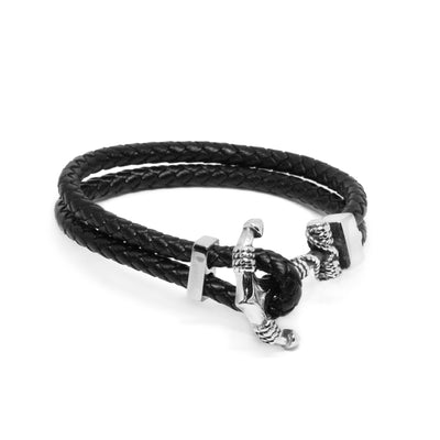 Double Black Leather Rope Anchor Bracelet