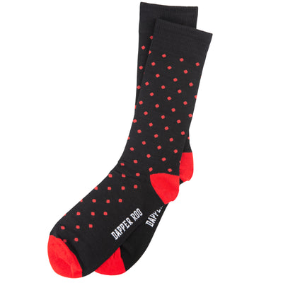 Spotted Red Dot Black Bamboo Socks by Dapper Roo, Spotted Red Dot Black Socks, Dapper Roo, Socks, Black, Red, Bamboo, Elastane, Nylon, Elastic, SK2045, Men's Socks, Socks for Men, Clinks.com